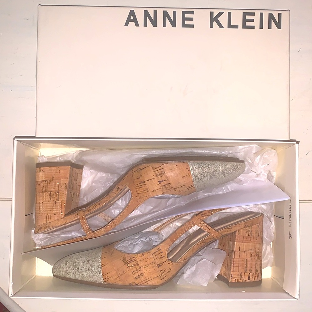 Anne Klein Brooklyn Block Heel Sling Back Cap Toe Cork Pumps